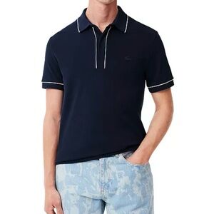 NWT Lacoste Navy Blue Regular Tipped Fit Pique Polo